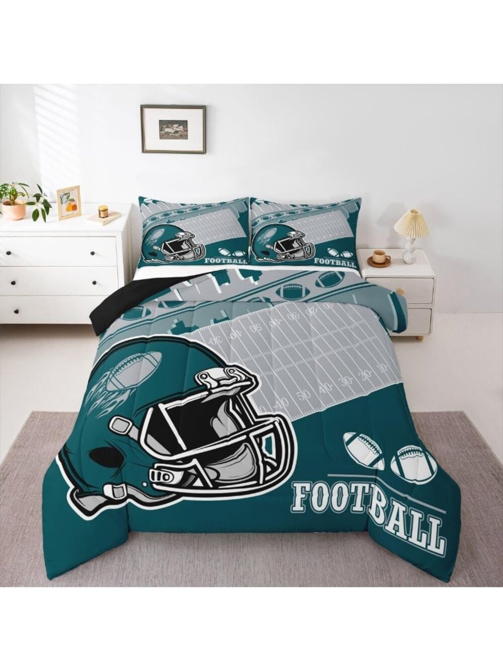 Football City Comforter Set Queen - Rugby Sports Bedding for Kids & Teens, 3 Pcs